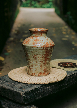 Handcrafted ceramic vase with smooth curves and subtle glaze sits on a minimalist table in a softly lit modern room, evoking a calm and artistic atmosphere